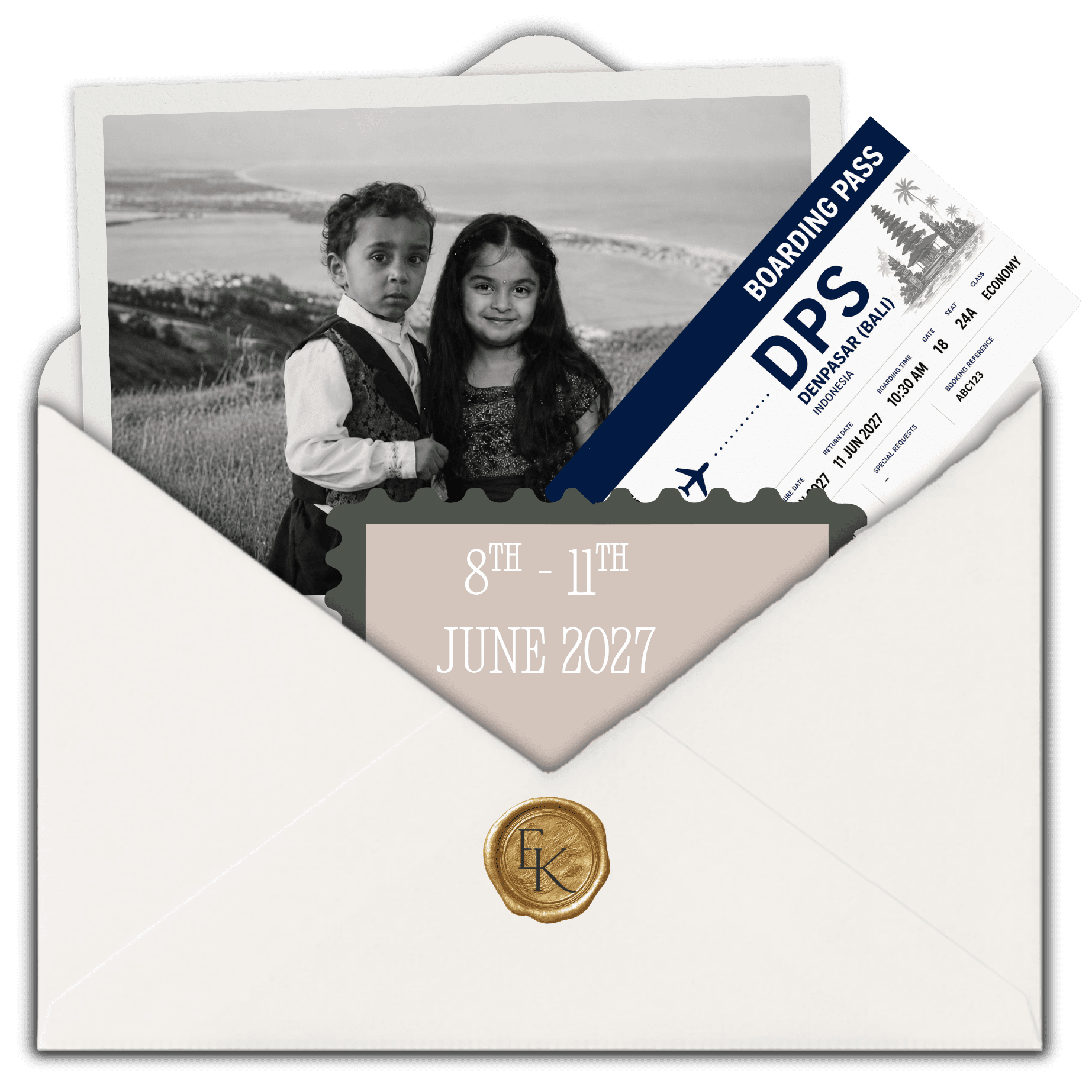 Save the date envelope with a childhood photo, boarding pass, date card, and wax seal
