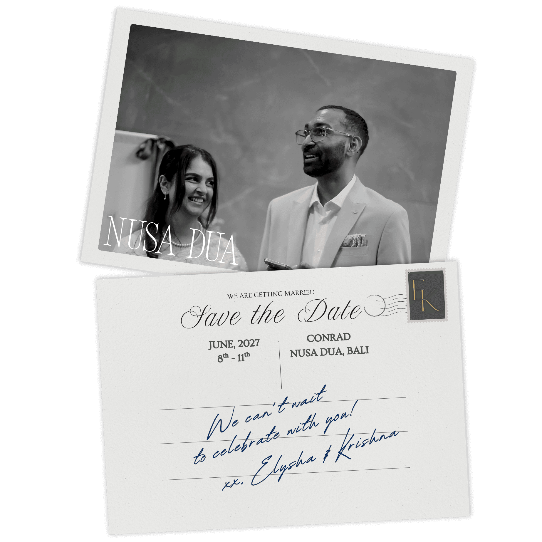 Save the date postcard for Elysha and Krishna - 8th to 11th June 2027 at Conrad Nusa Dua, Bali
